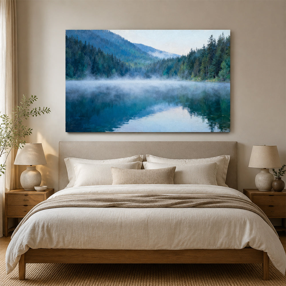 Blue Lake Morning canvas wall art, bedroom mockup above a bed.