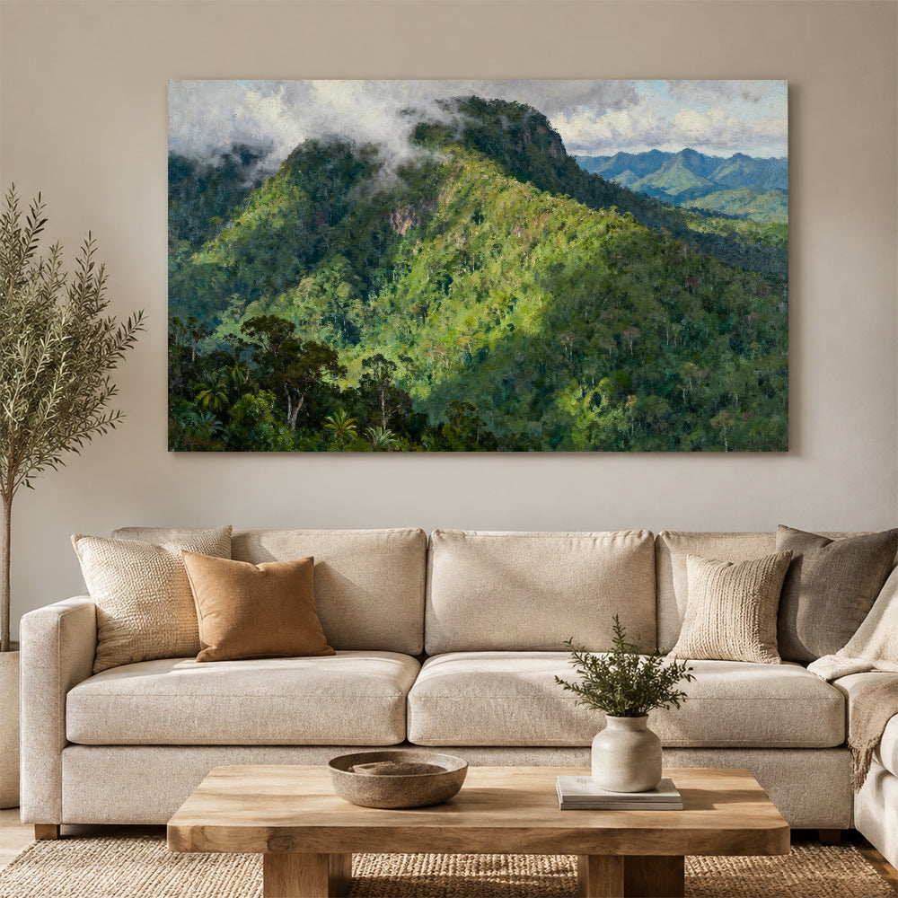 Emerald Mountain Forest canvas wall art, living room mockup above a sofa.
