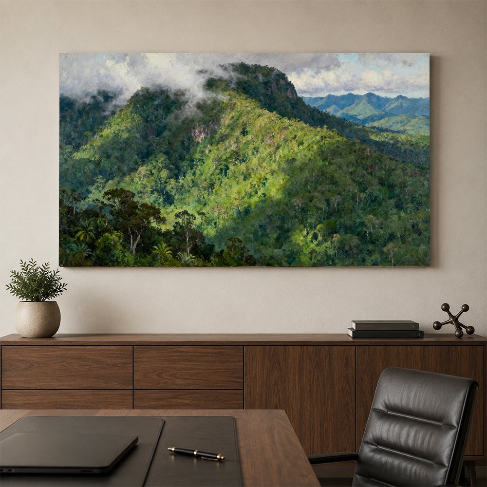 Emerald Mountain Forest canvas wall art, office mockup above a desk.
