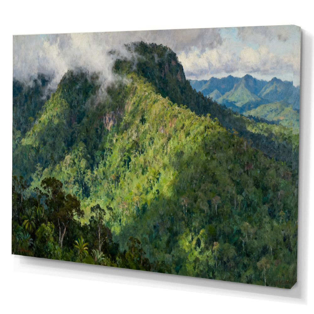 Emerald Mountain Forest canvas wall art, angled canvas mockup on a white background.