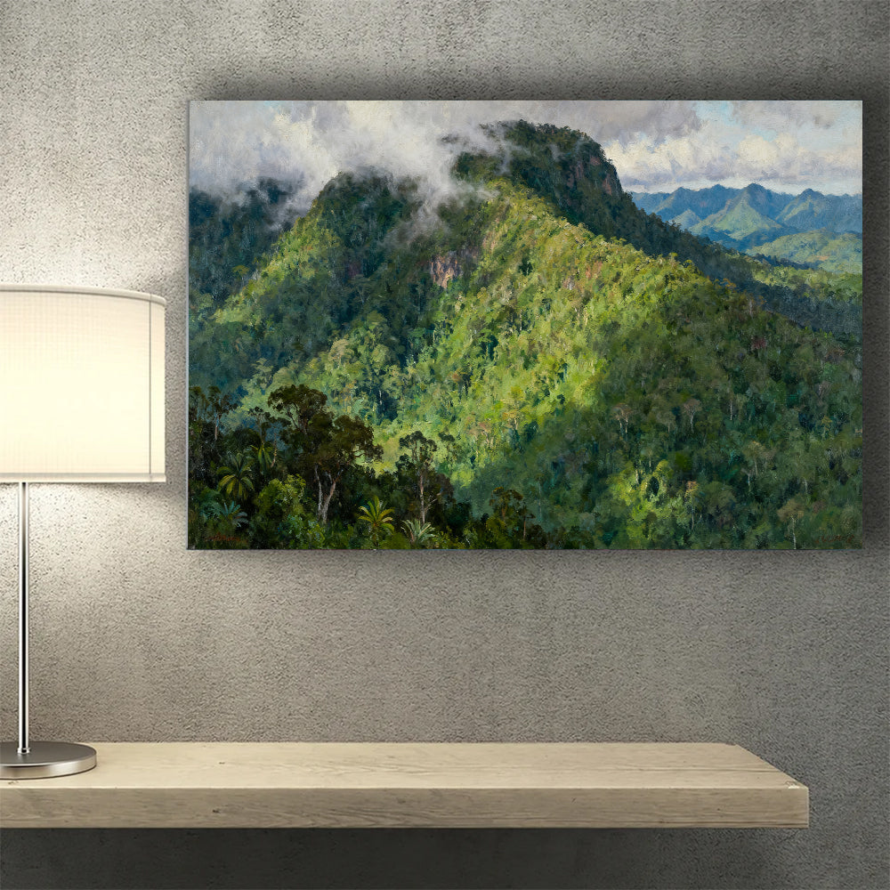 Emerald Mountain Forest canvas wall art, wall mockup above a console.