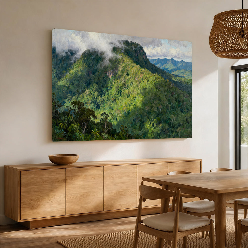 Emerald Mountain Forest canvas wall art, angled mockup above a sideboard.