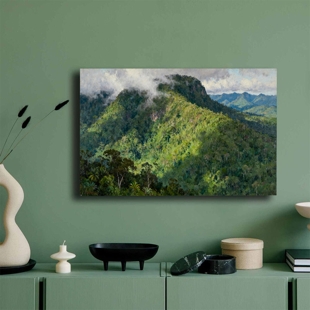 Emerald Mountain Forest canvas wall art, mockup on a green wall.