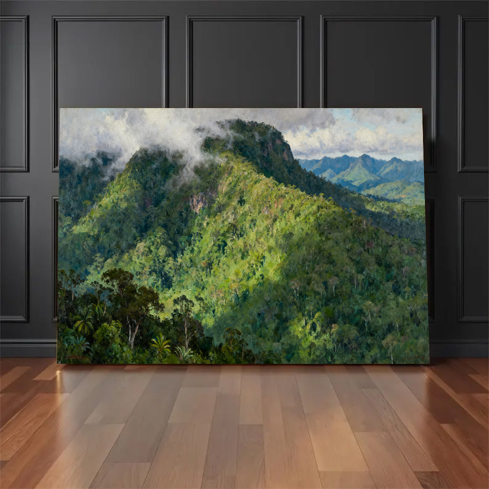 Emerald Mountain Forest canvas wall art, floor display against a dark wall.