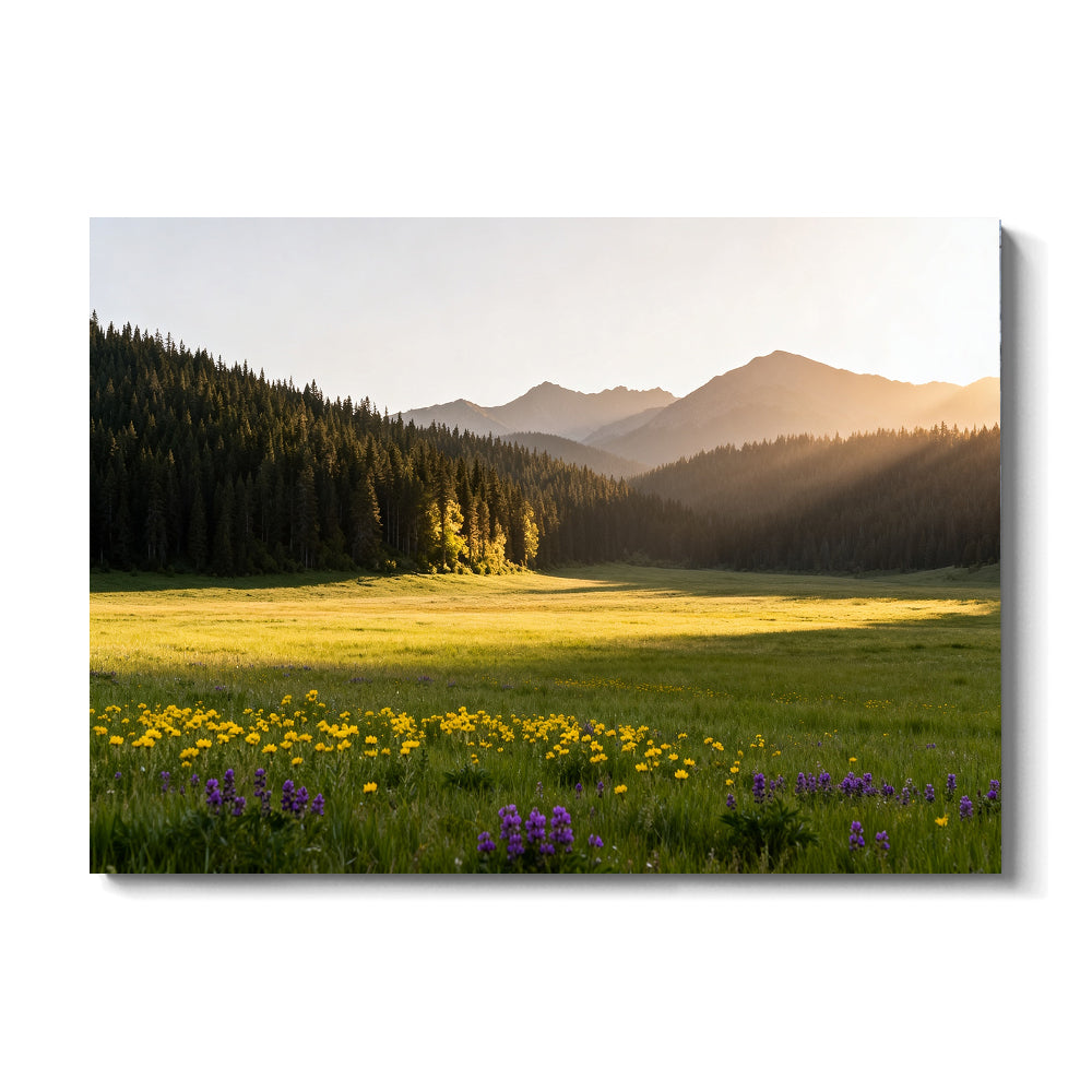 Sunlit Wildflower Clearing canvas wall art, front view on a white background.