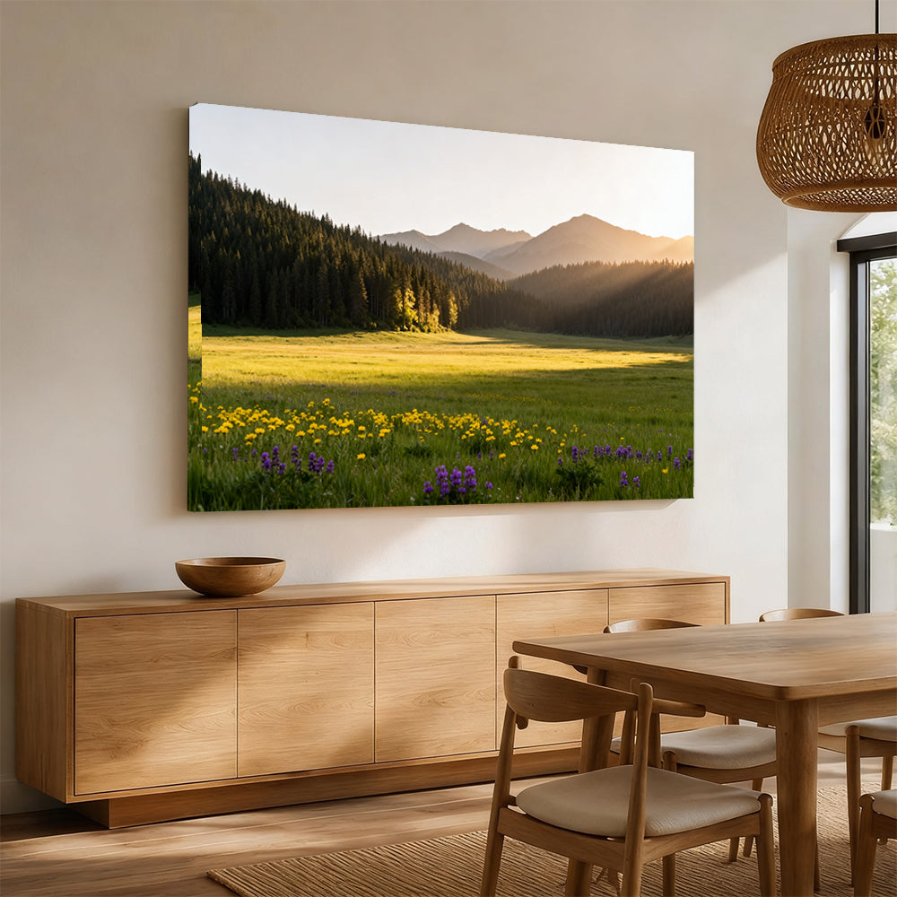 Sunlit Wildflower Clearing canvas wall art, angled mockup above a sideboard.