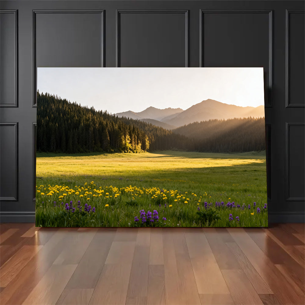 Sunlit Wildflower Clearing canvas wall art, floor display against a dark wall.