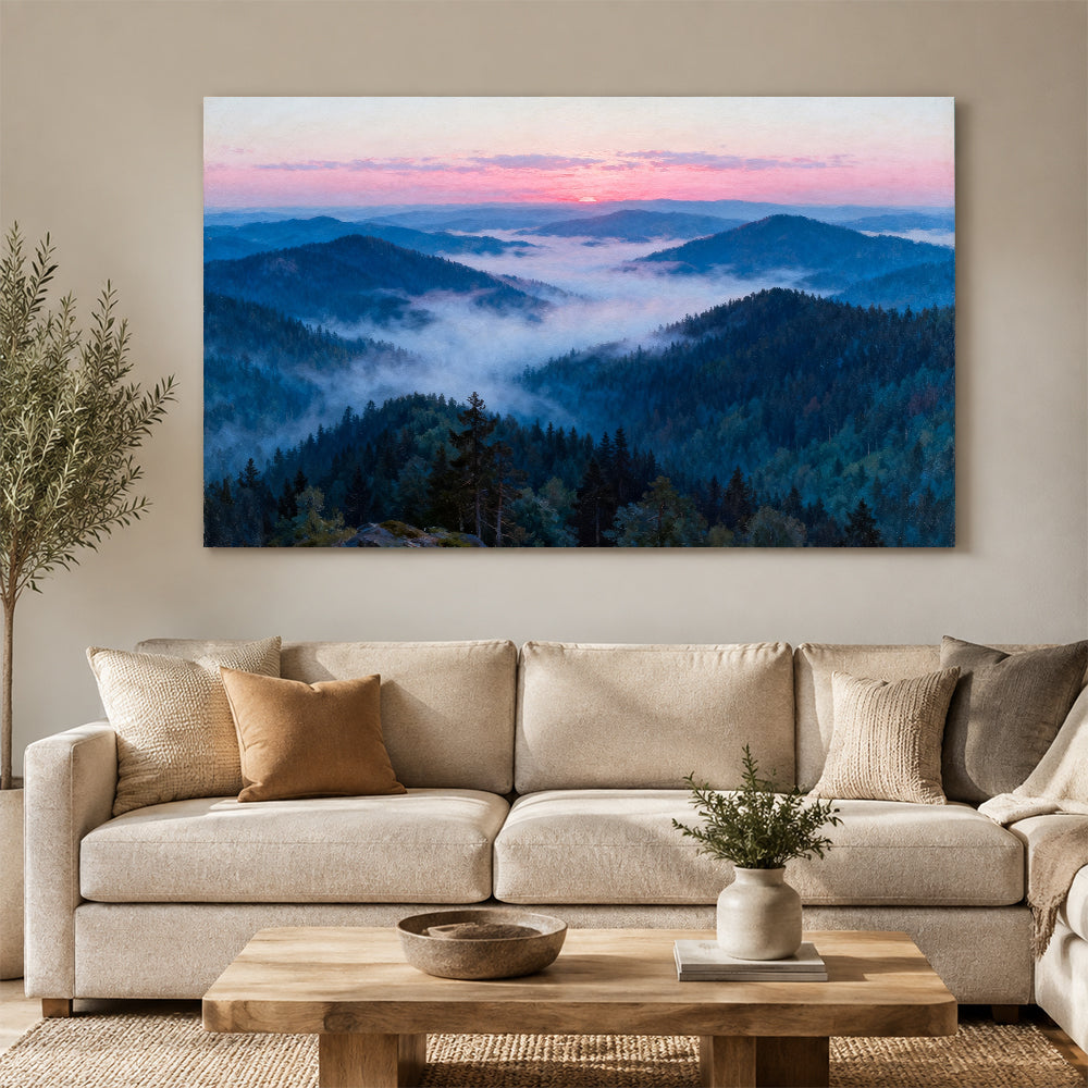 Rose Dawn Ridges canvas wall art, living room mockup above a sofa.
