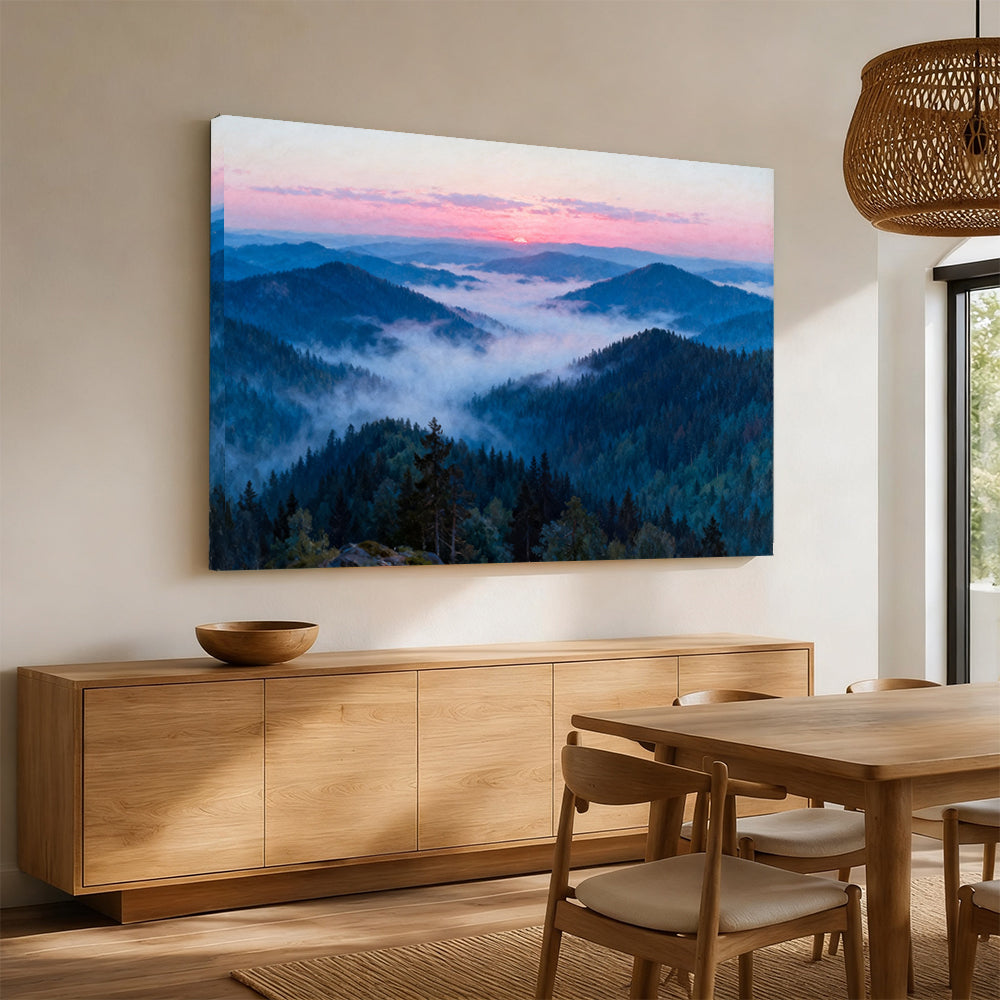 Rose Dawn Ridges canvas wall art, angled mockup above a sideboard.