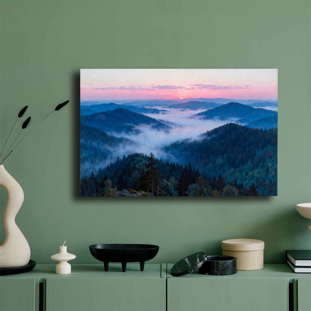 Rose Dawn Ridges canvas wall art, mockup on a green wall.