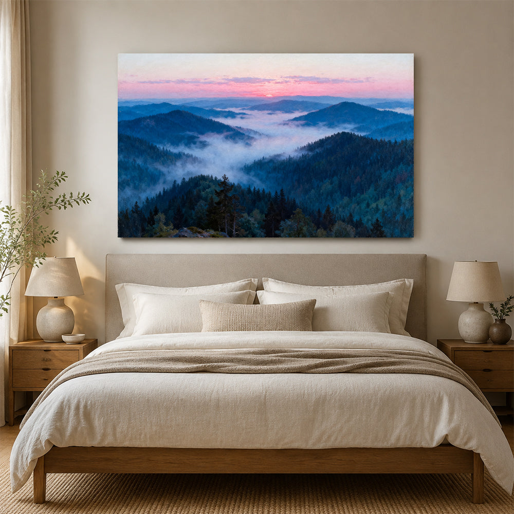 Rose Dawn Ridges canvas wall art, bedroom mockup above a bed.