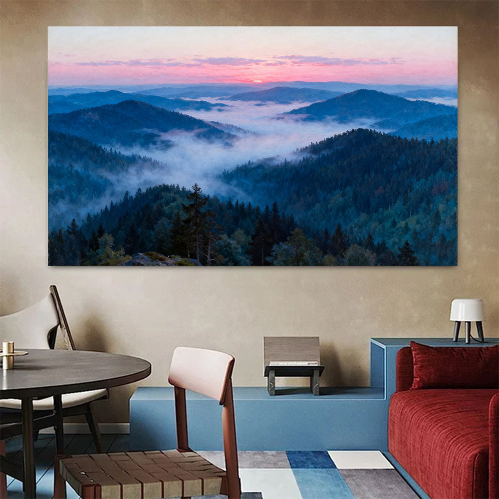 Rose Dawn Ridges canvas wall art, colorful room mockup.