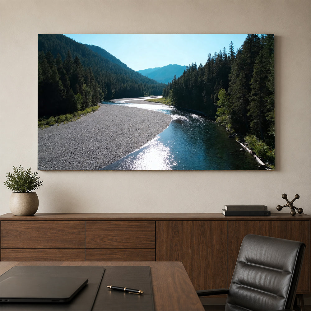 Silver River Passage canvas wall art, office mockup above a desk.