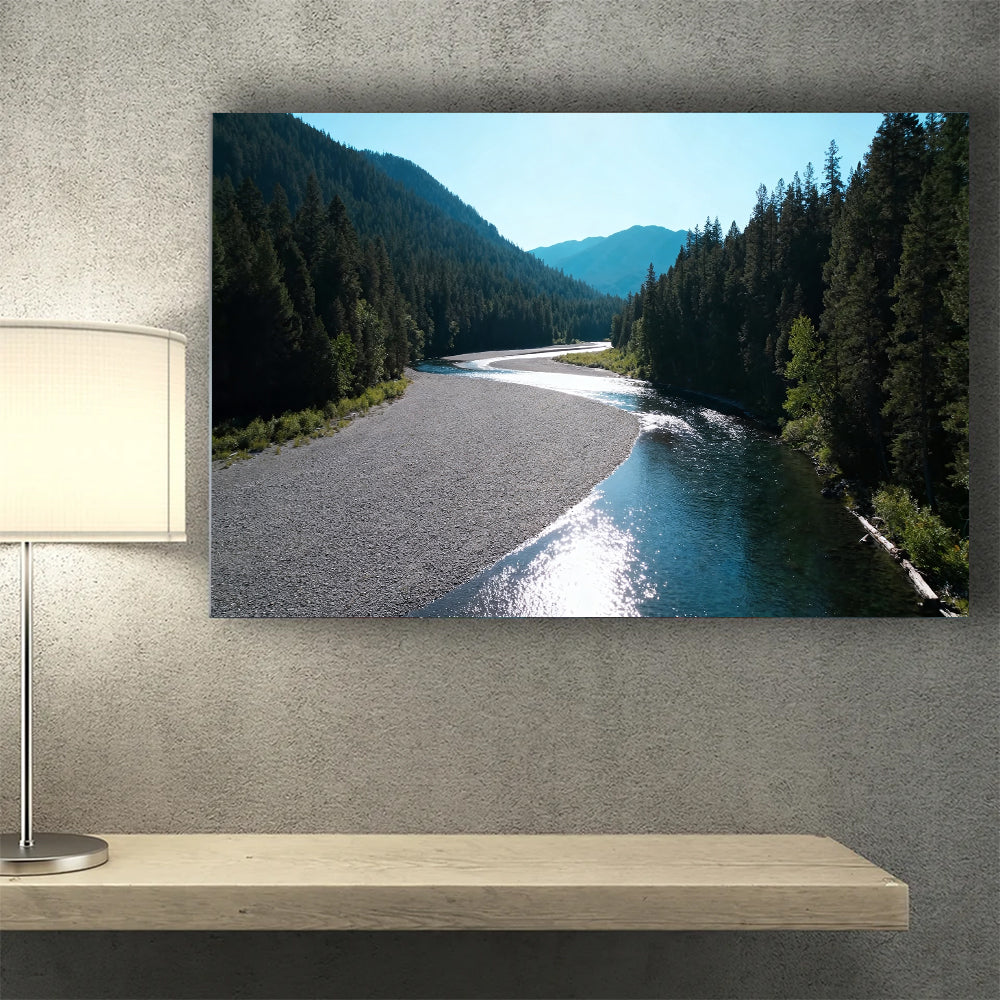 Silver River Passage canvas wall art, wall mockup above a console.