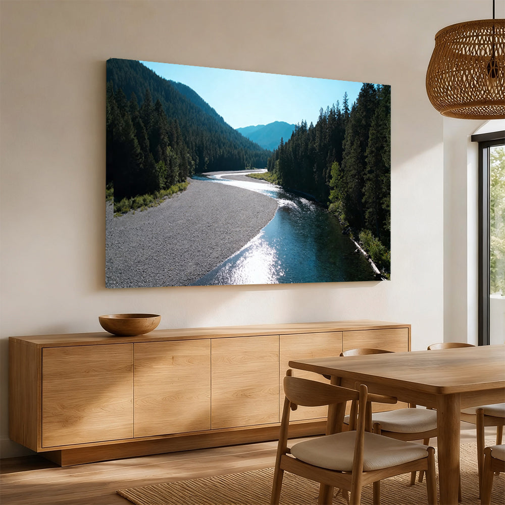 Silver River Passage canvas wall art, angled mockup above a sideboard.