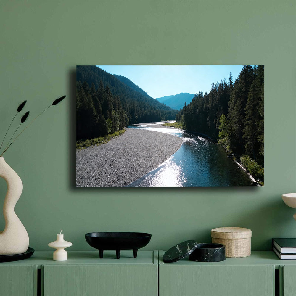 Silver River Passage canvas wall art, mockup on a green wall.
