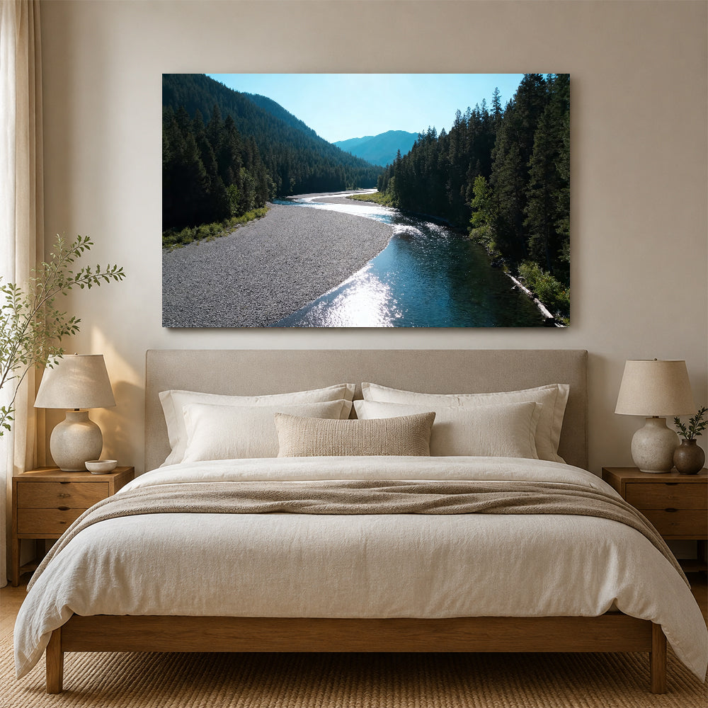 Silver River Passage canvas wall art, bedroom mockup above a bed.