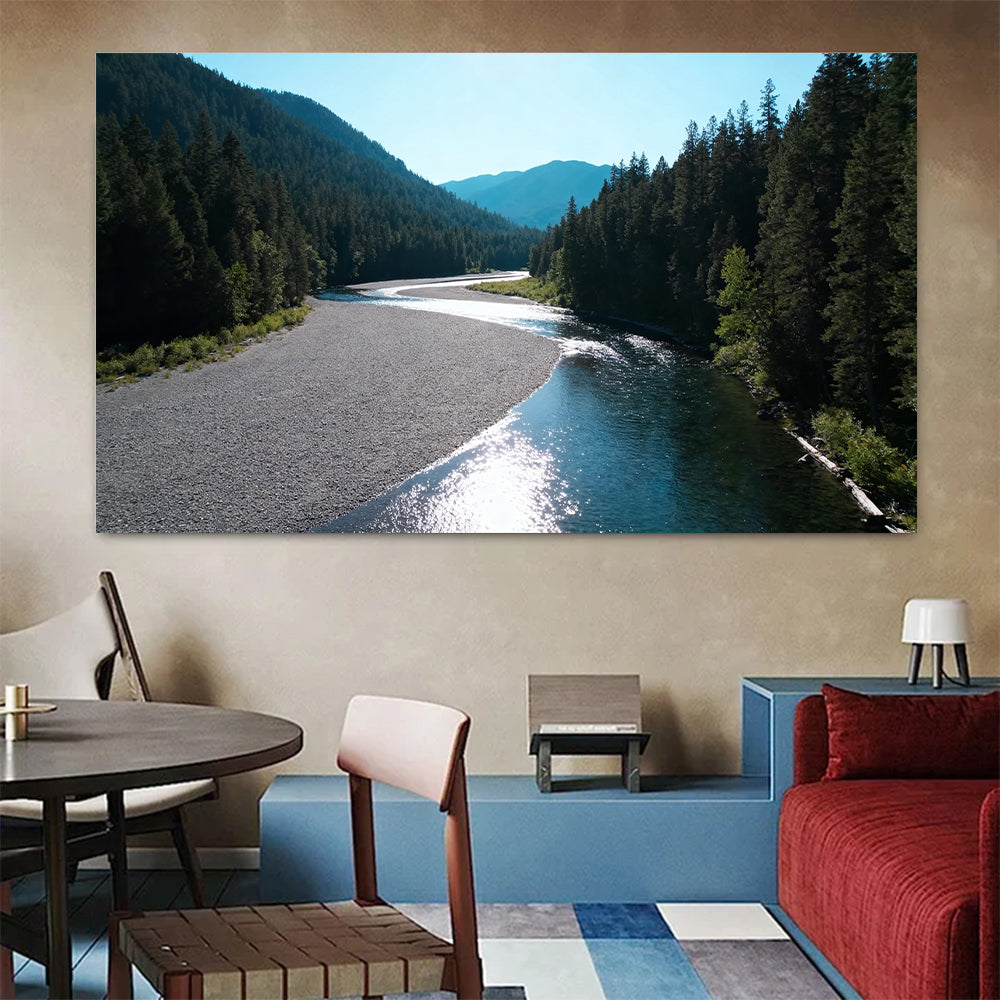 Silver River Passage canvas wall art, colorful room mockup.