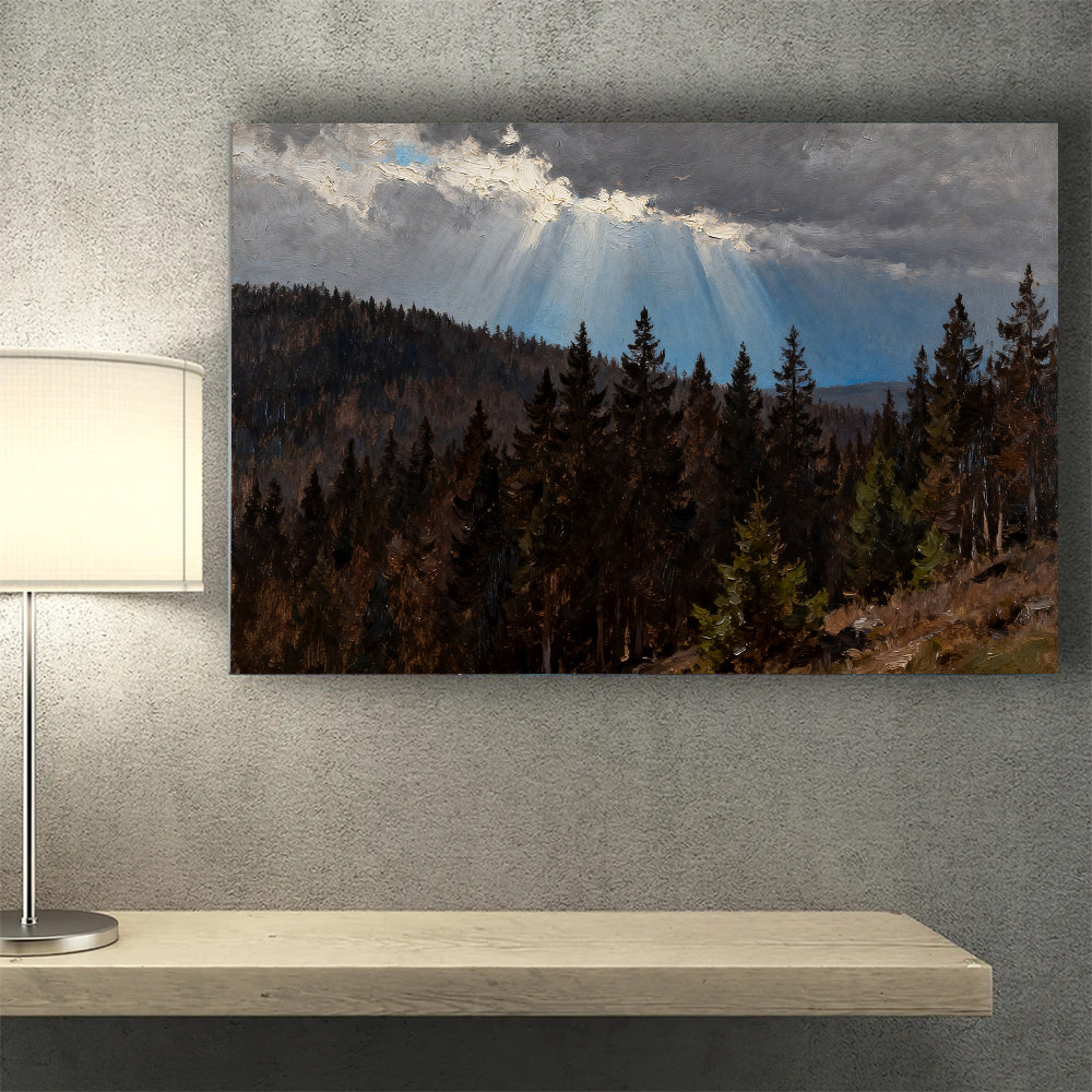 Light Through Stormclouds canvas wall art, wall mockup above a console.