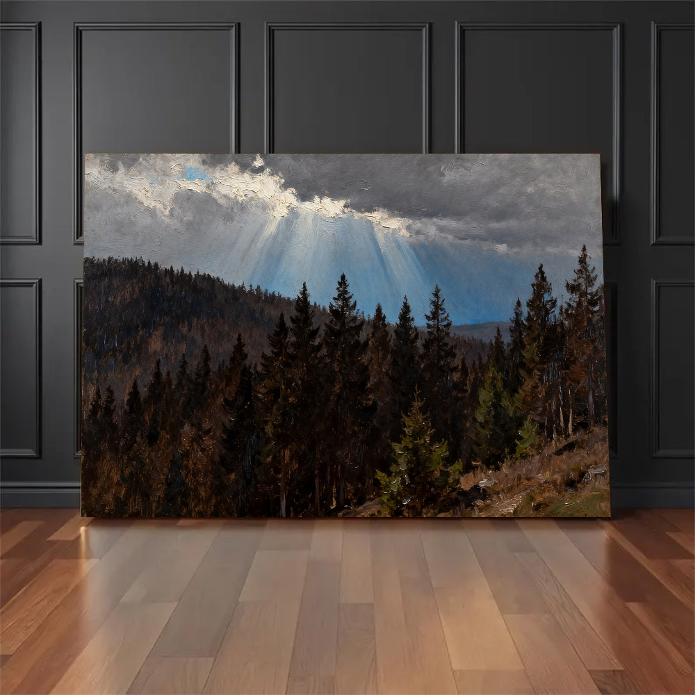 Light Through Stormclouds canvas wall art, floor display against a dark wall.