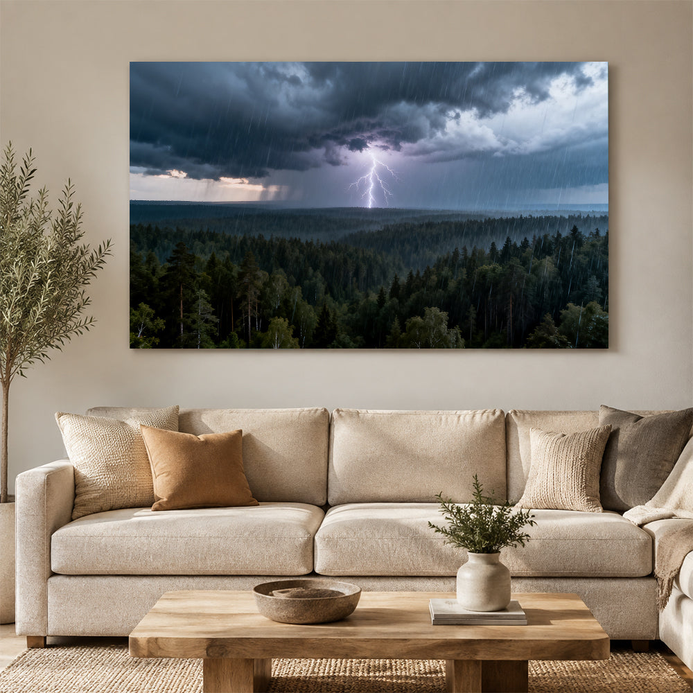 Lightning Over Pines canvas wall art, living room mockup above a sofa.