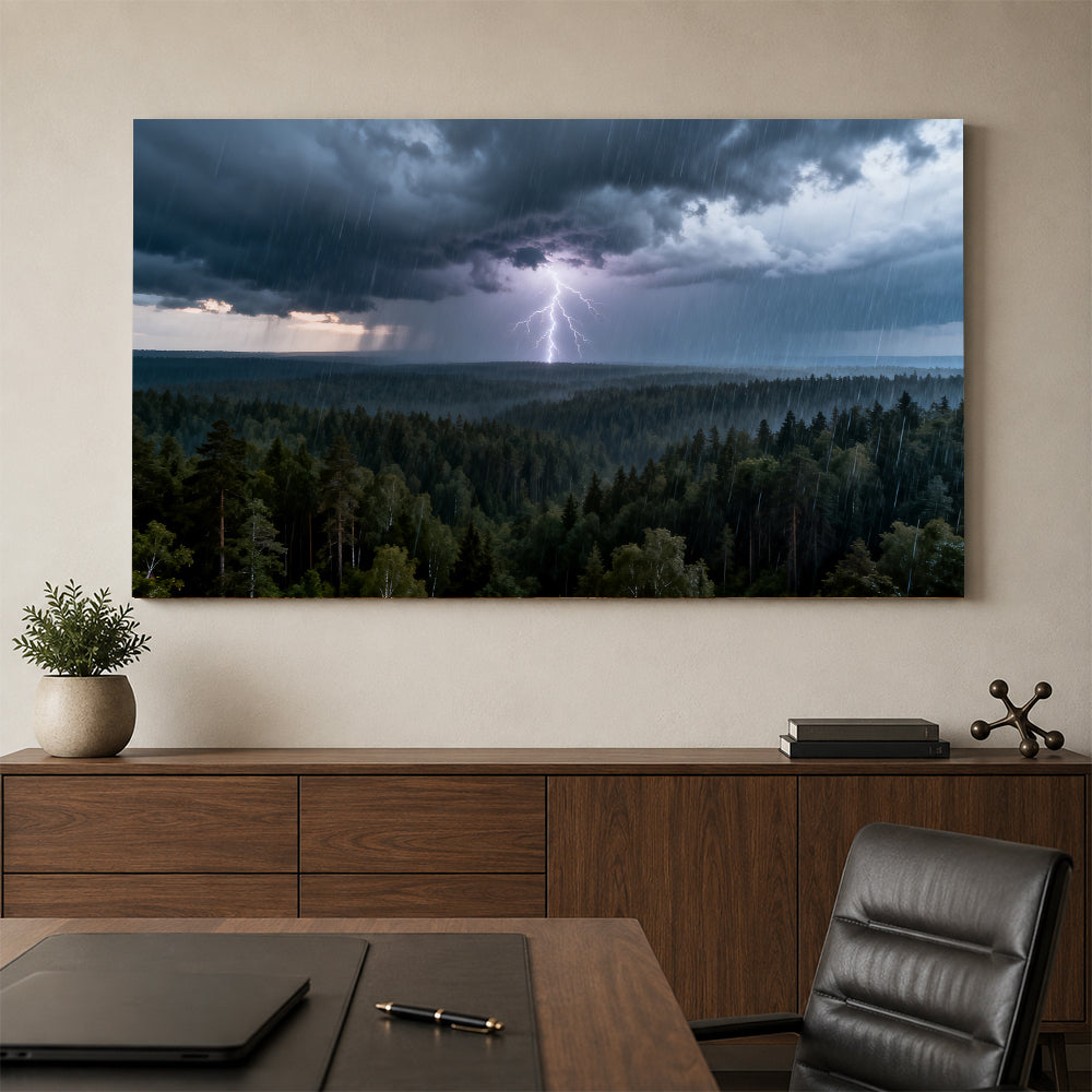 Lightning Over Pines canvas wall art, office mockup above a desk.