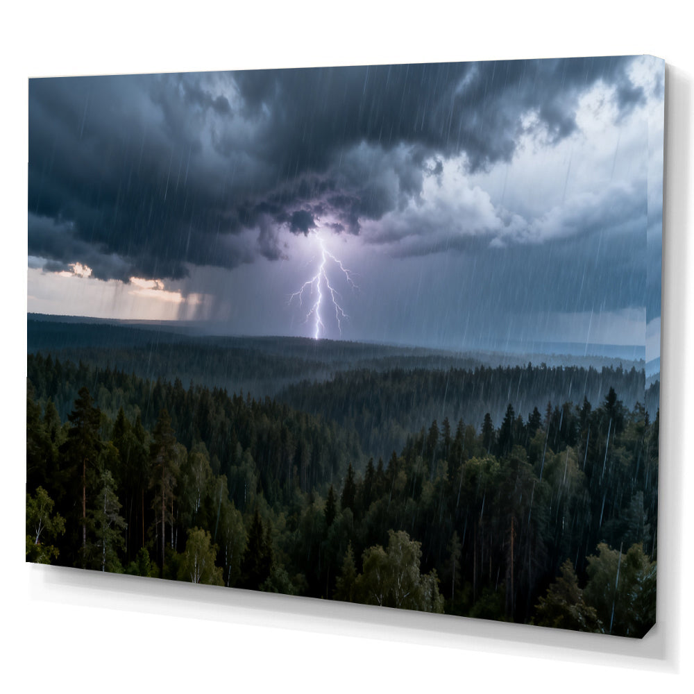 Lightning Over Pines canvas wall art, angled canvas mockup on a white background.