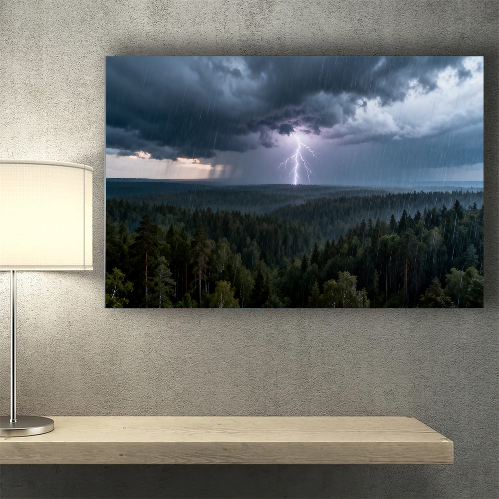 Lightning Over Pines canvas wall art, wall mockup above a console.