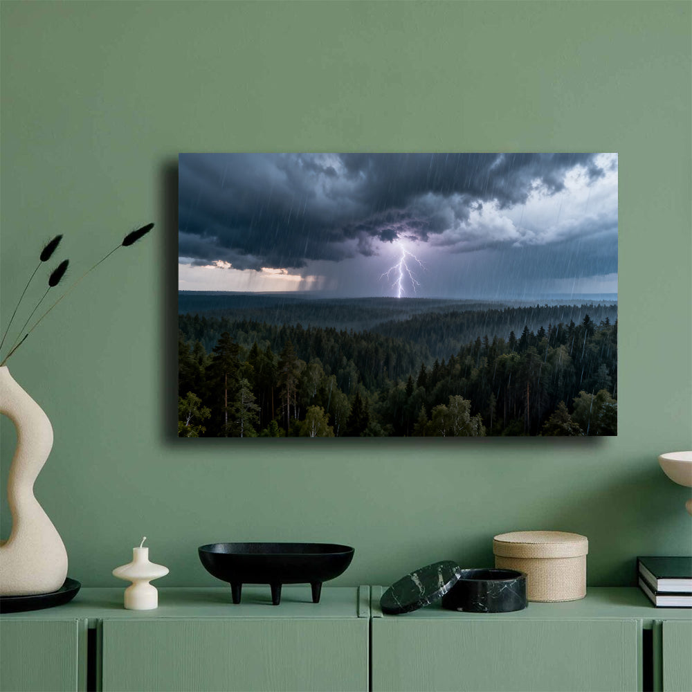 Lightning Over Pines canvas wall art, mockup on a green wall.
