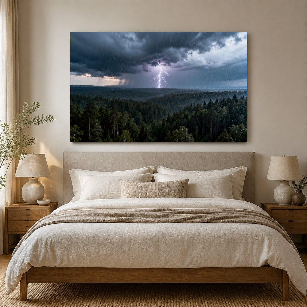 Lightning Over Pines canvas wall art, bedroom mockup above a bed.