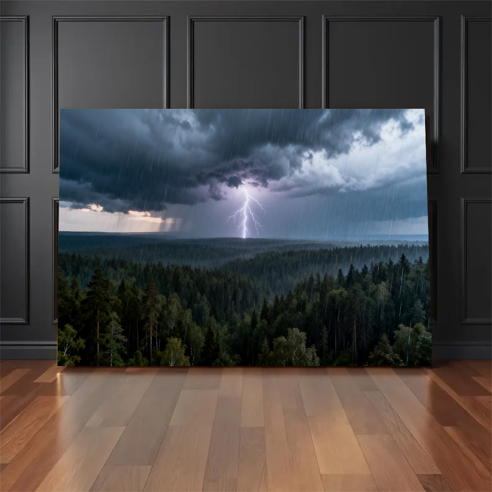 Lightning Over Pines canvas wall art, floor display against a dark wall.