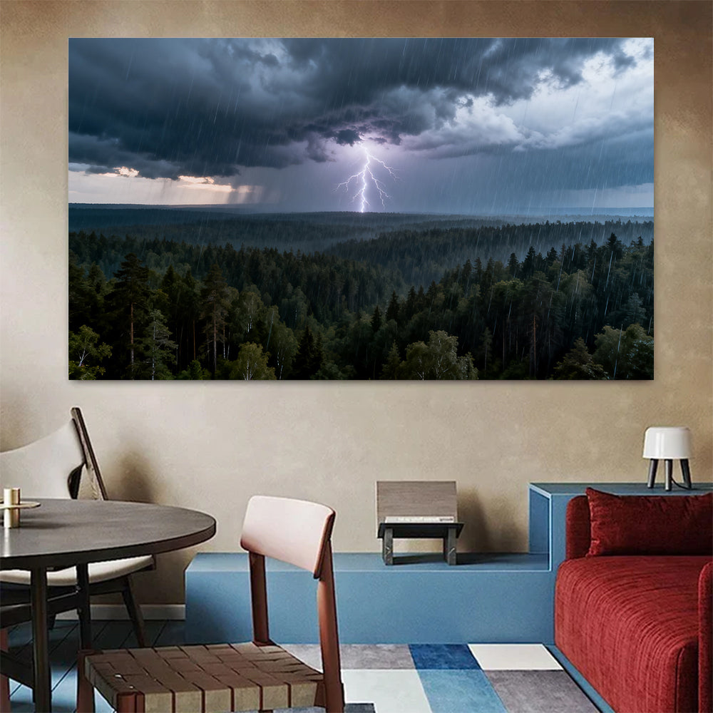 Lightning Over Pines canvas wall art, colorful room mockup.