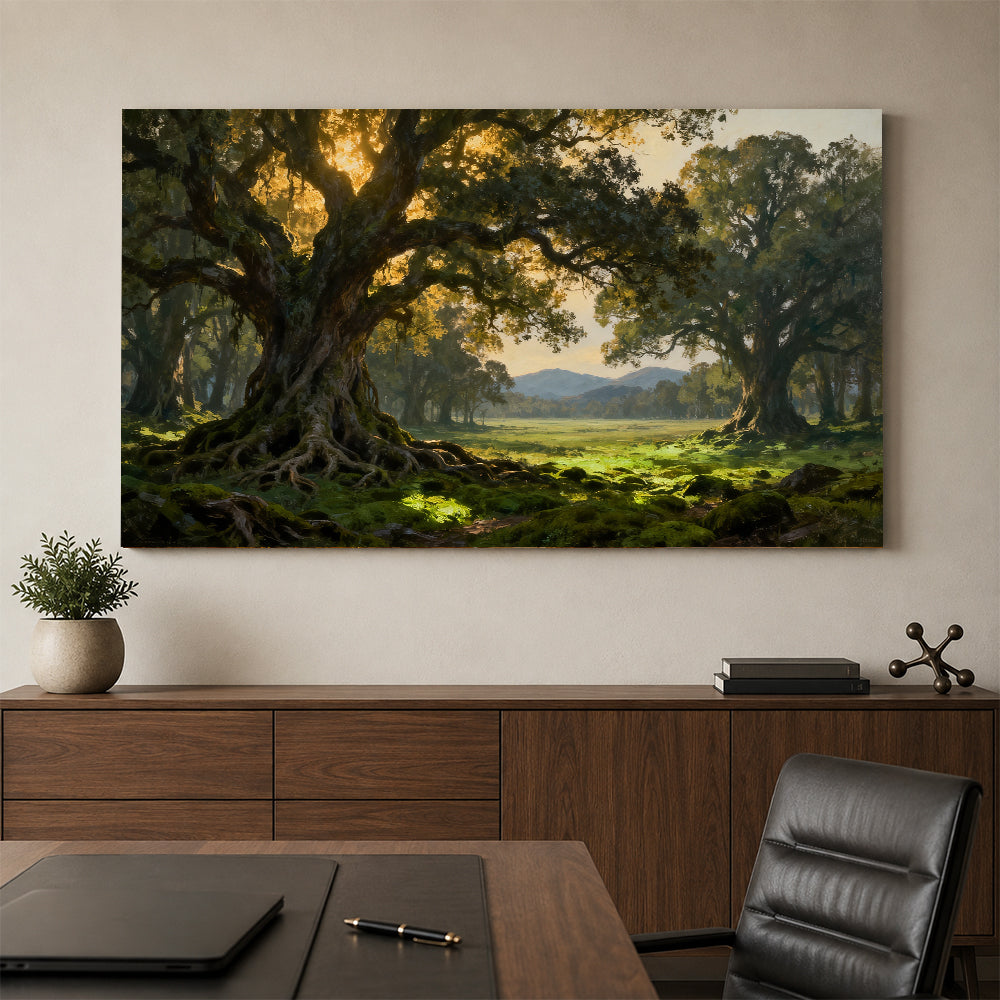 Ancient Woodland Arch canvas wall art, office mockup above a desk.