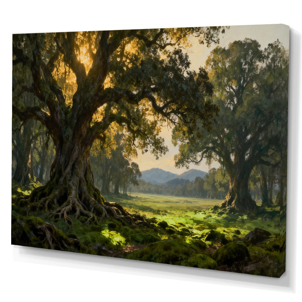 Ancient Woodland Arch canvas wall art, angled canvas mockup on a white background.