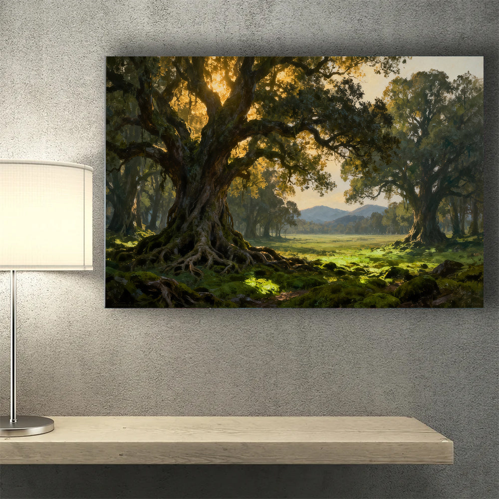 Ancient Woodland Arch canvas wall art, wall mockup above a console.