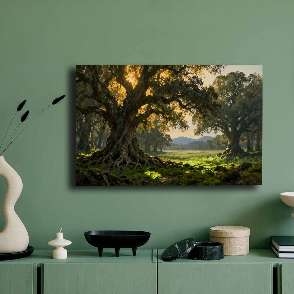 Ancient Woodland Arch canvas wall art, mockup on a green wall.