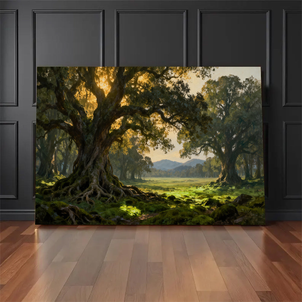 Ancient Woodland Arch canvas wall art, floor display against a dark wall.