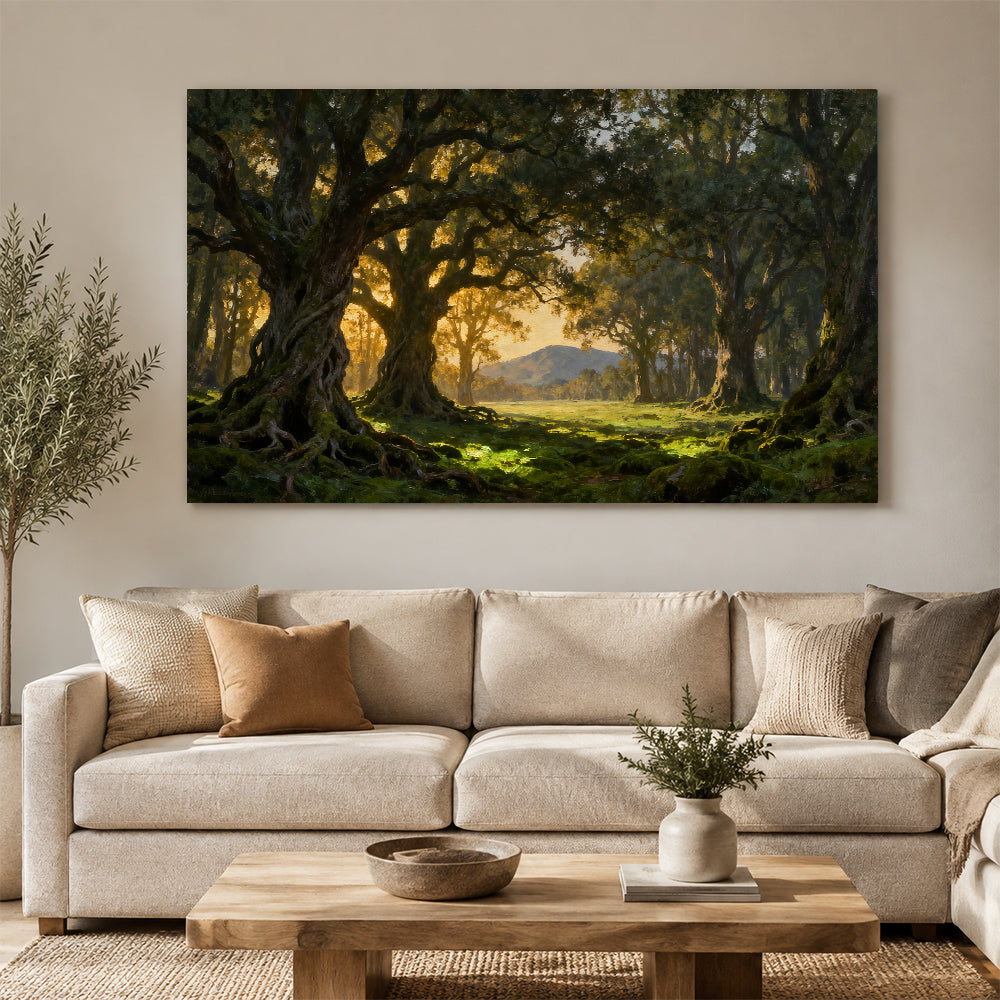 Golden Forest Gateway canvas wall art, living room mockup above a sofa.