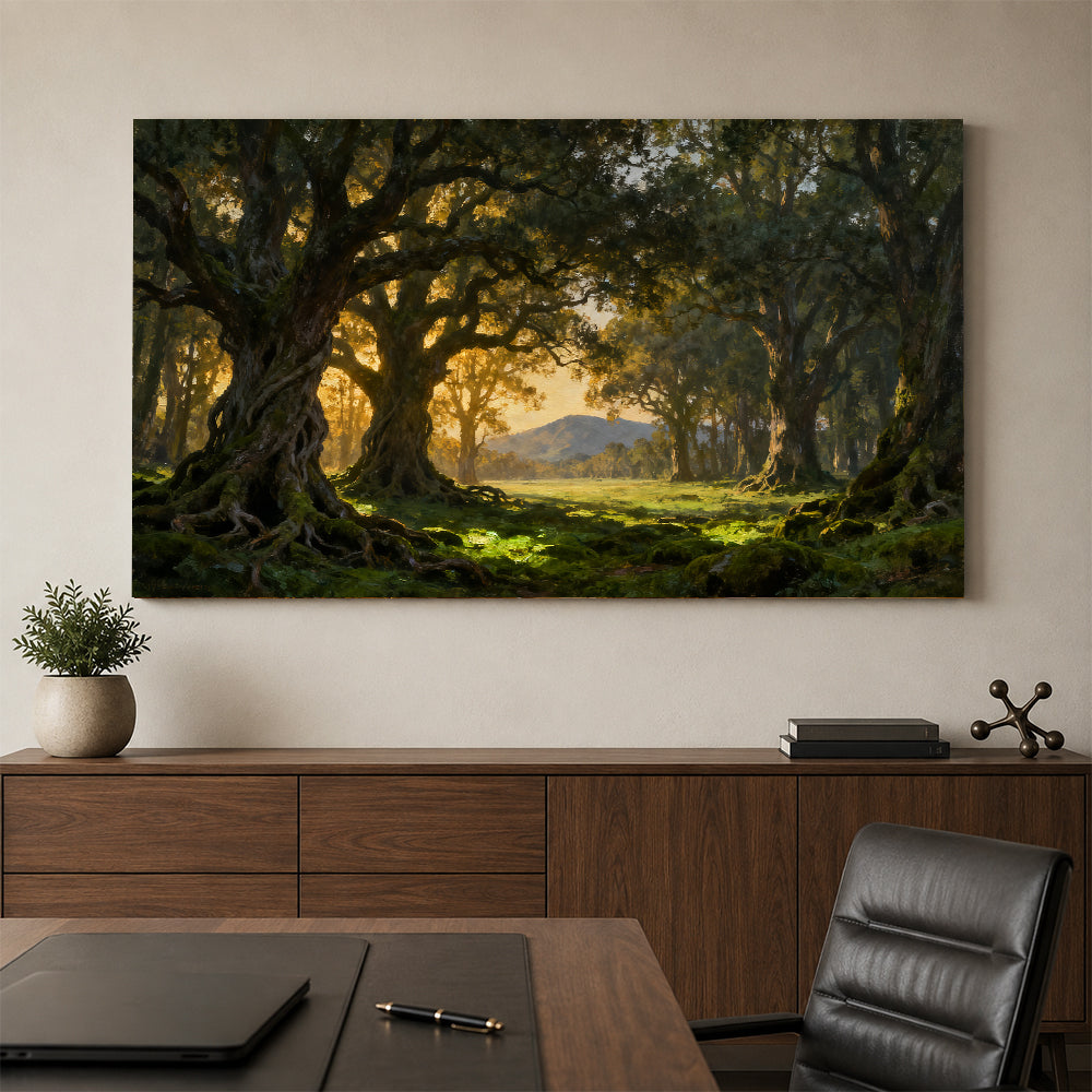 Golden Forest Gateway canvas wall art, office mockup above a desk.