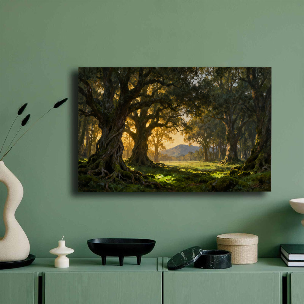 Golden Forest Gateway canvas wall art, mockup on a green wall.