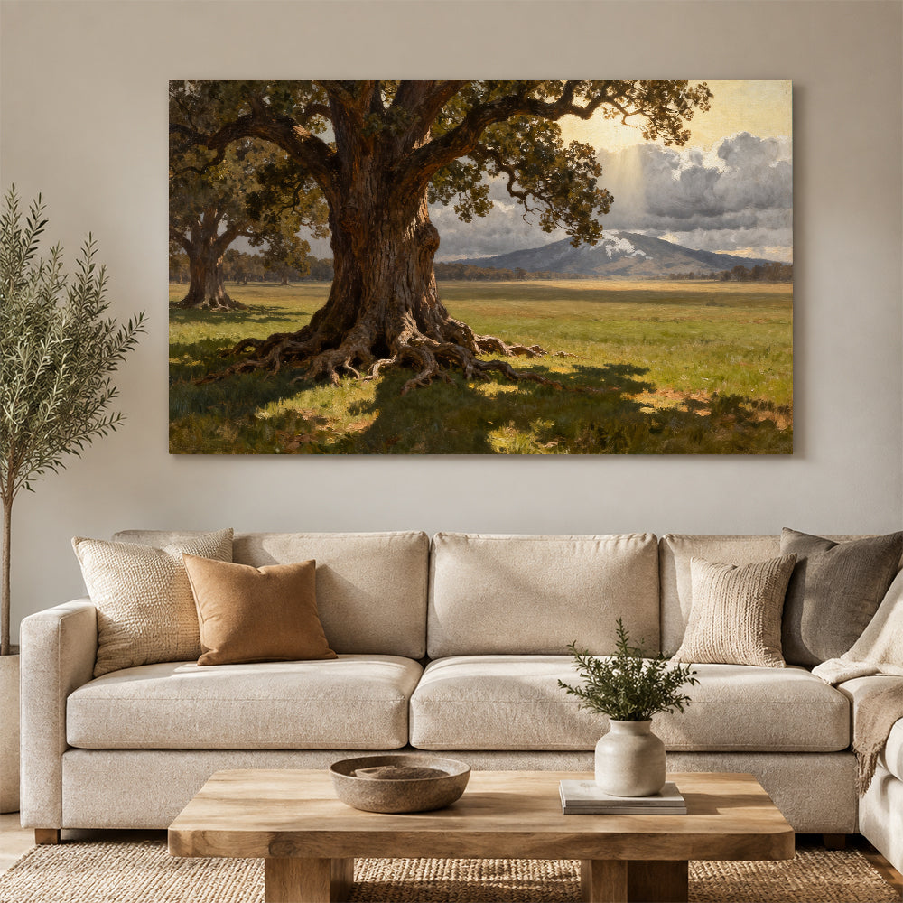 Old Oak Meadow canvas wall art, living room mockup above a sofa.