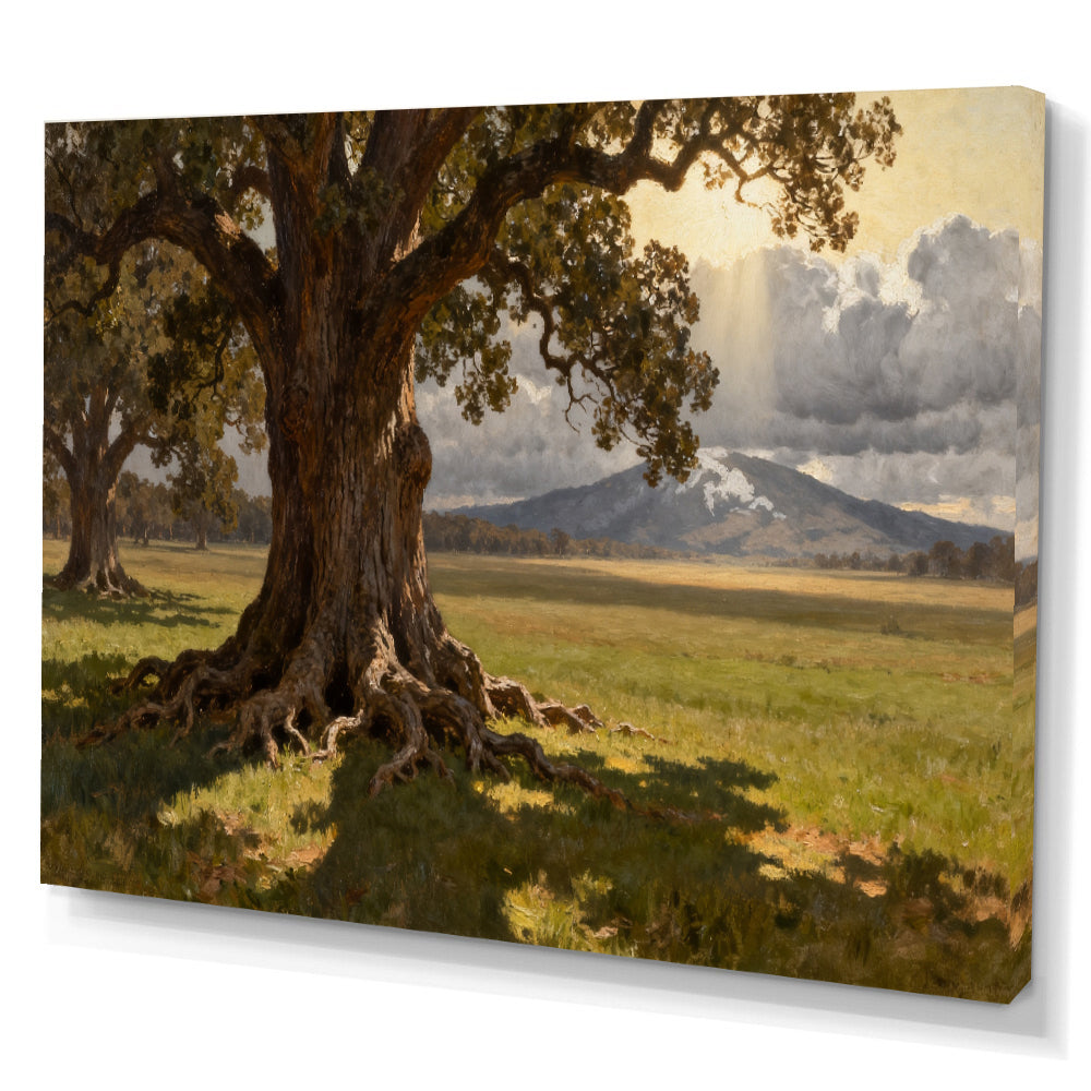 Old Oak Meadow canvas wall art, angled canvas mockup on a white background.