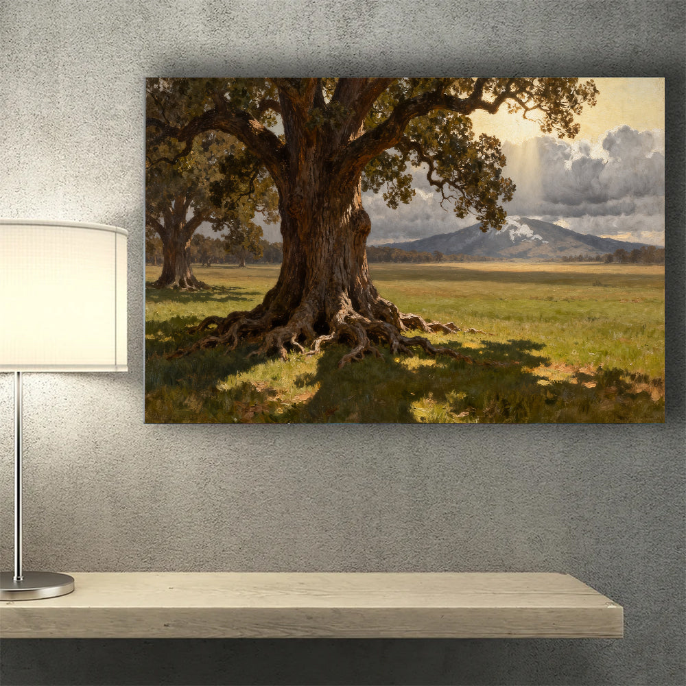 Old Oak Meadow canvas wall art, wall mockup above a console.