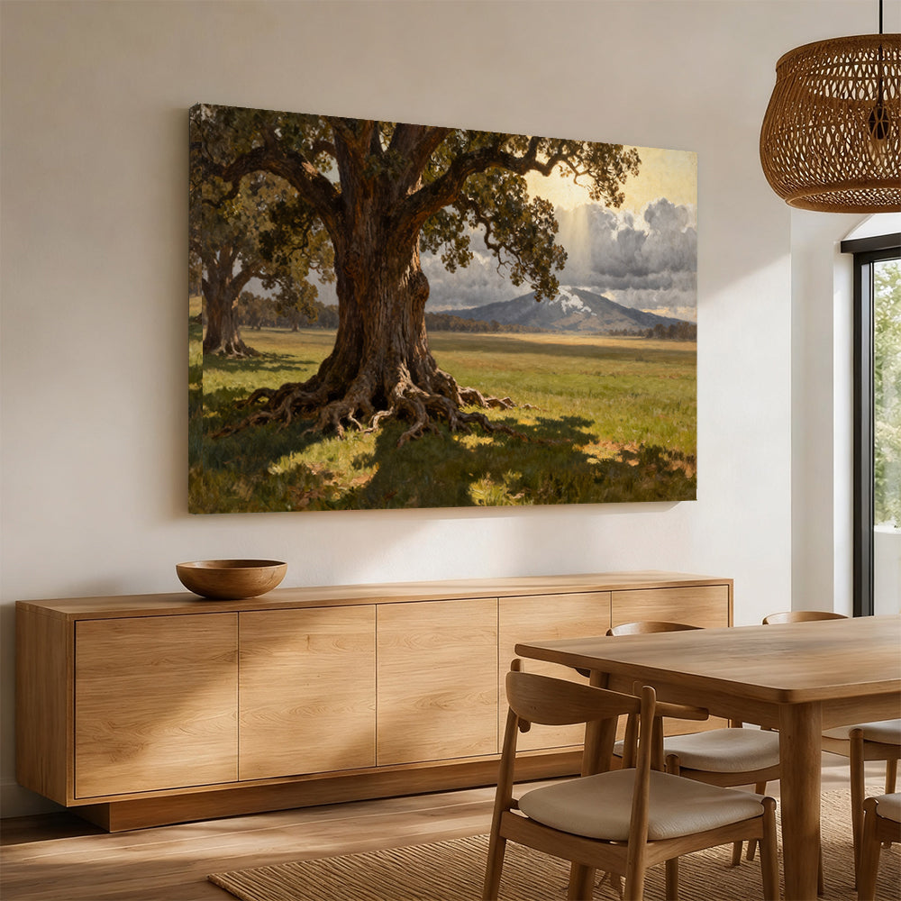 Old Oak Meadow canvas wall art, angled mockup above a sideboard.