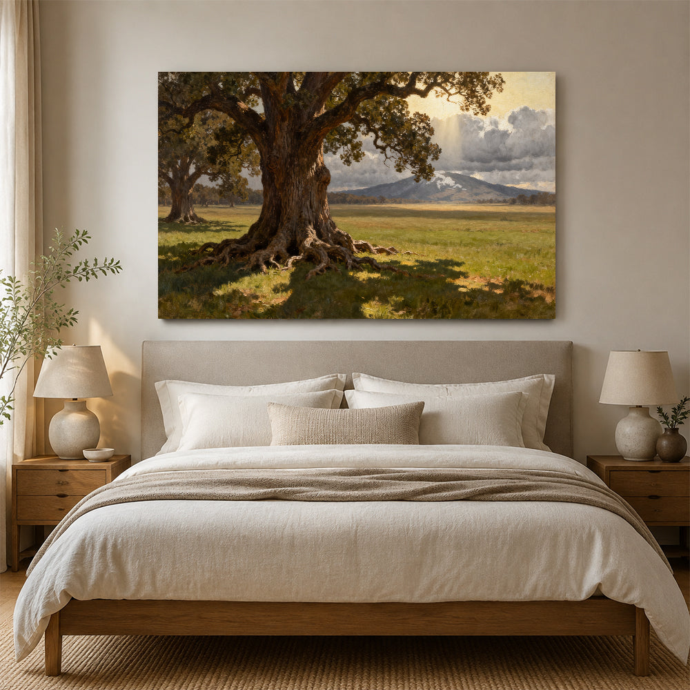 Old Oak Meadow canvas wall art, bedroom mockup above a bed.