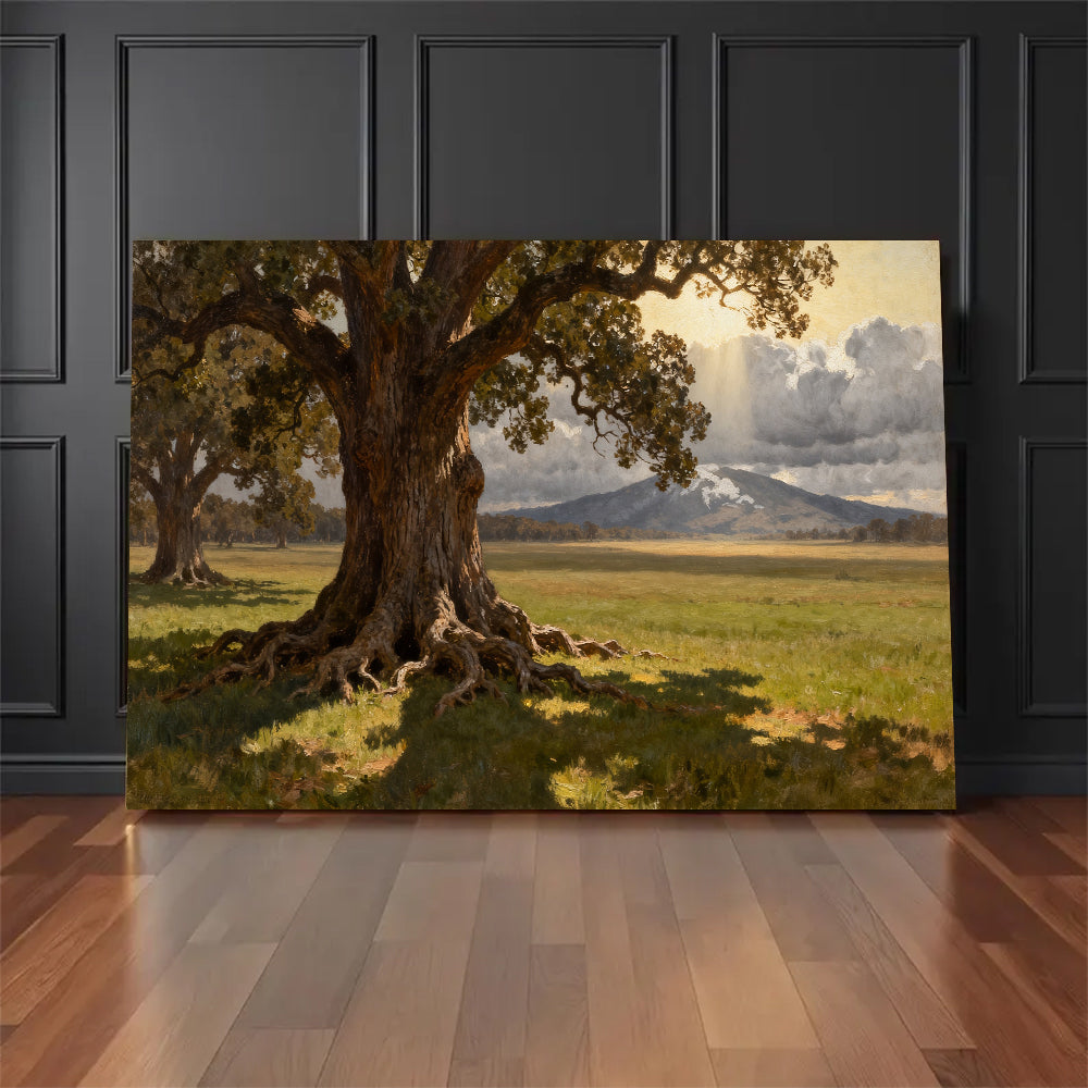 Old Oak Meadow canvas wall art, floor display against a dark wall.