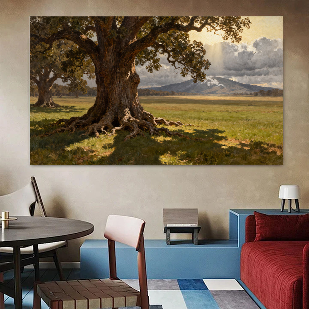 Old Oak Meadow canvas wall art, colorful room mockup.