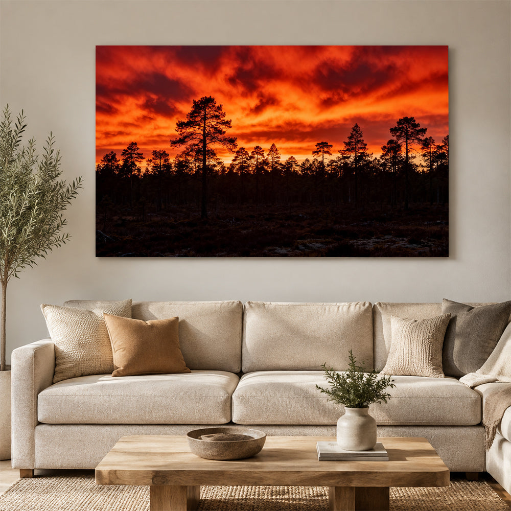 Fiery Pine Horizon canvas wall art, living room mockup above a sofa.