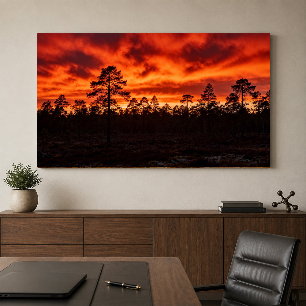 Fiery Pine Horizon canvas wall art, office mockup above a desk.