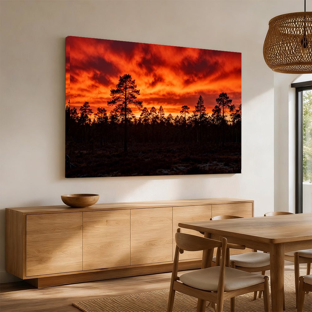 Fiery Pine Horizon canvas wall art, angled mockup above a sideboard.